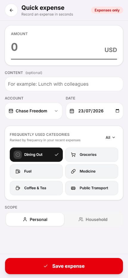 Quick Expense shortcut in the befinely App