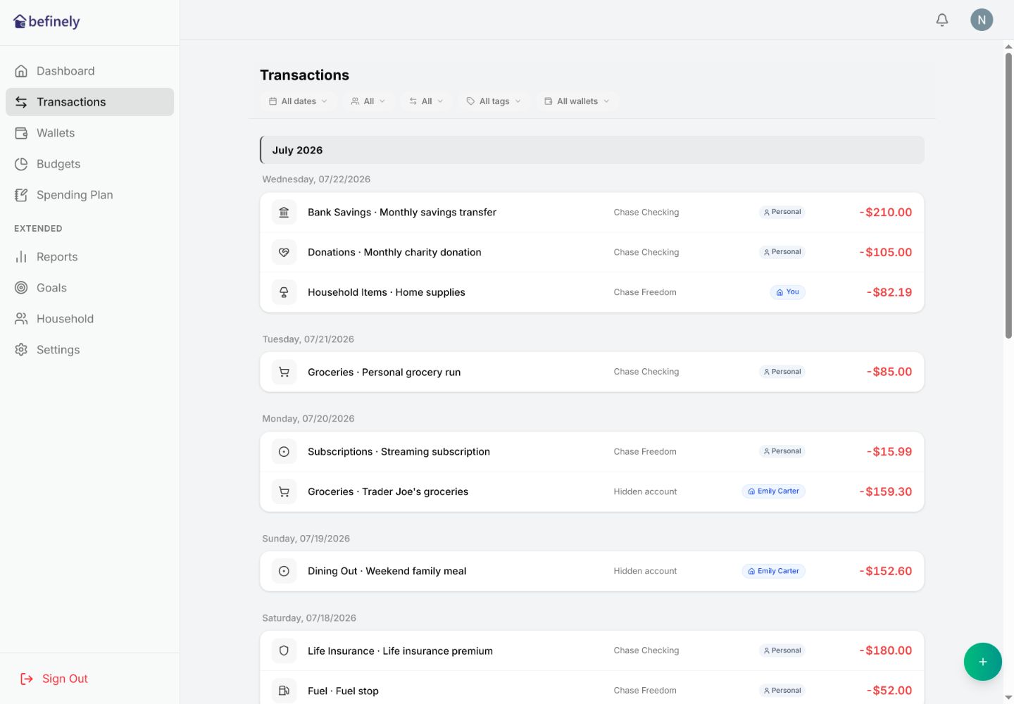 Transaction confirmation in befinely Web